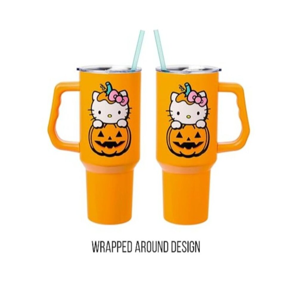 Hello Kitty Halloween Jack-O-Lantern Stainless Steel Tumbler With Handle & Straw - Picture 5 of 7